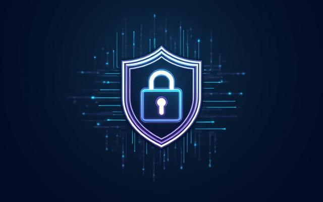 データセキュリティとプライバシー保護を表す抽象的なアイコン。南京錠と盾のデザインが施され、背景にはデジタルネットワークの要素が描かれています。