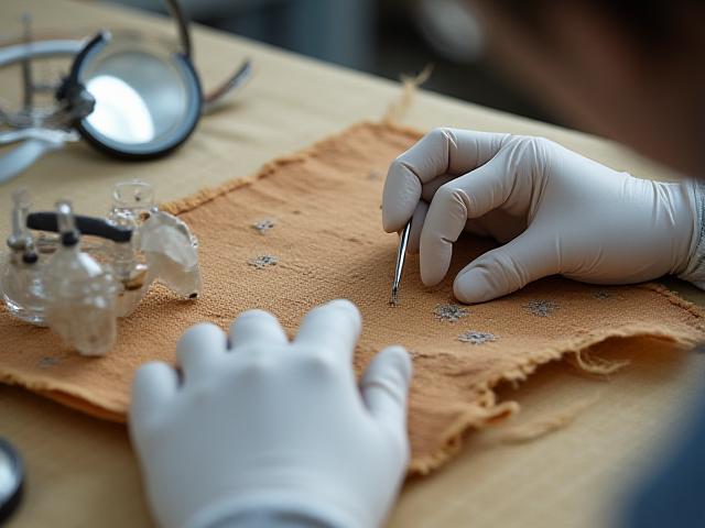 専門家がアンティークの織物美術品を修復している様子、繊細な作業